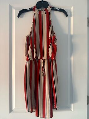 Jodi Kristopher Red and Cream Striped Halter Mini Dress